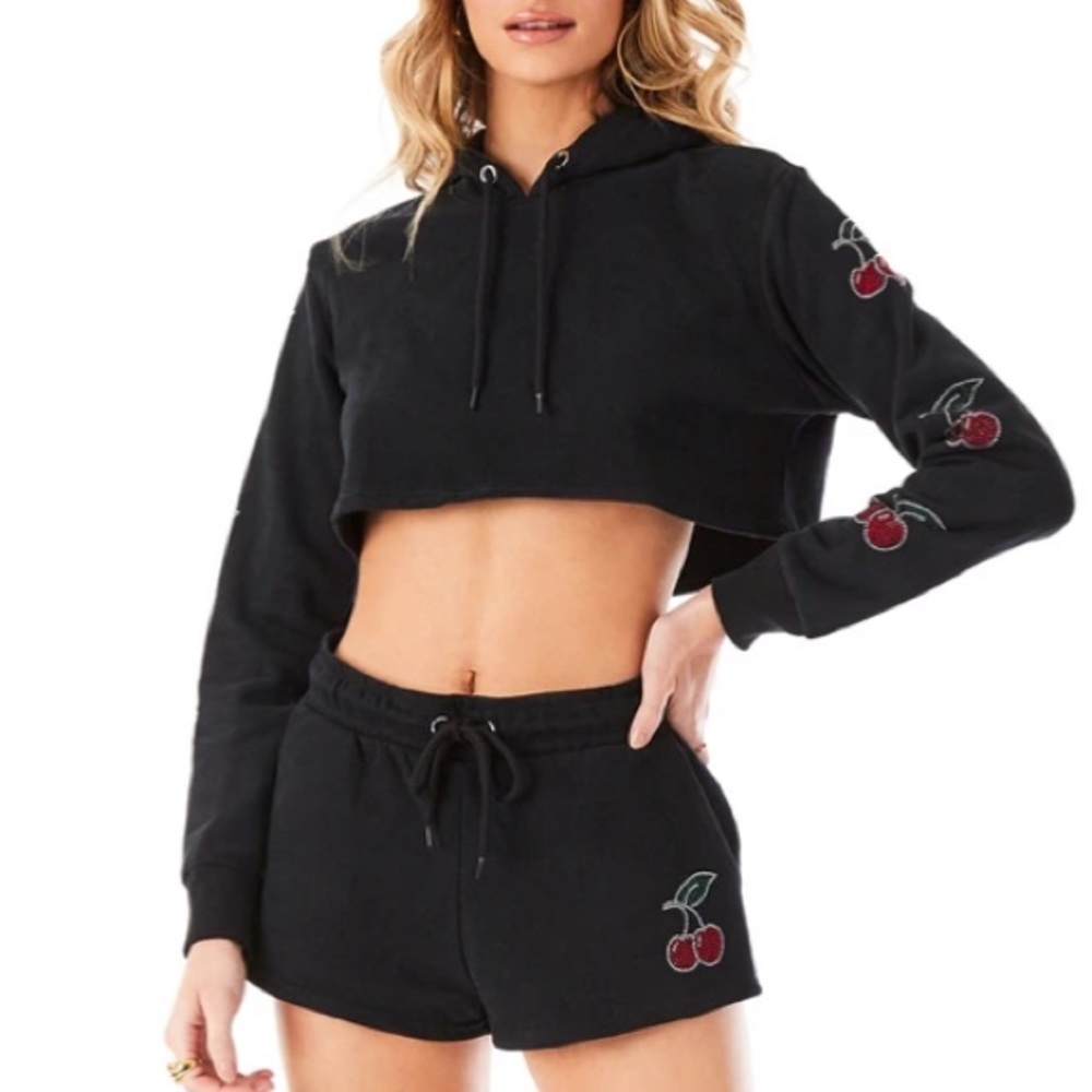 🍒CARMAR Cropped Bedazzled Cherry Sweatshirt Size M NWOT